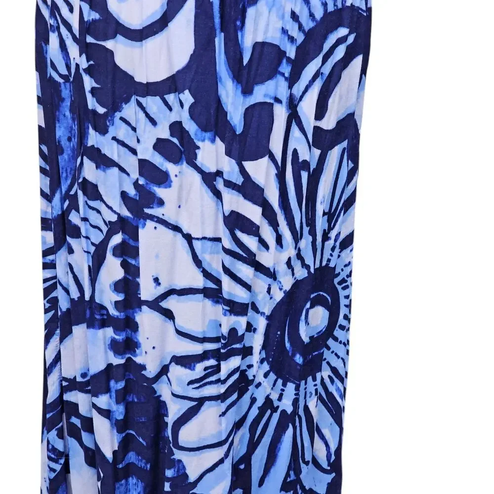 Vtg Womens Strapless Maxi Dress Sz M Blue Shirred Waist Floral Tie Dye Beach USA - Picture 3 of 10